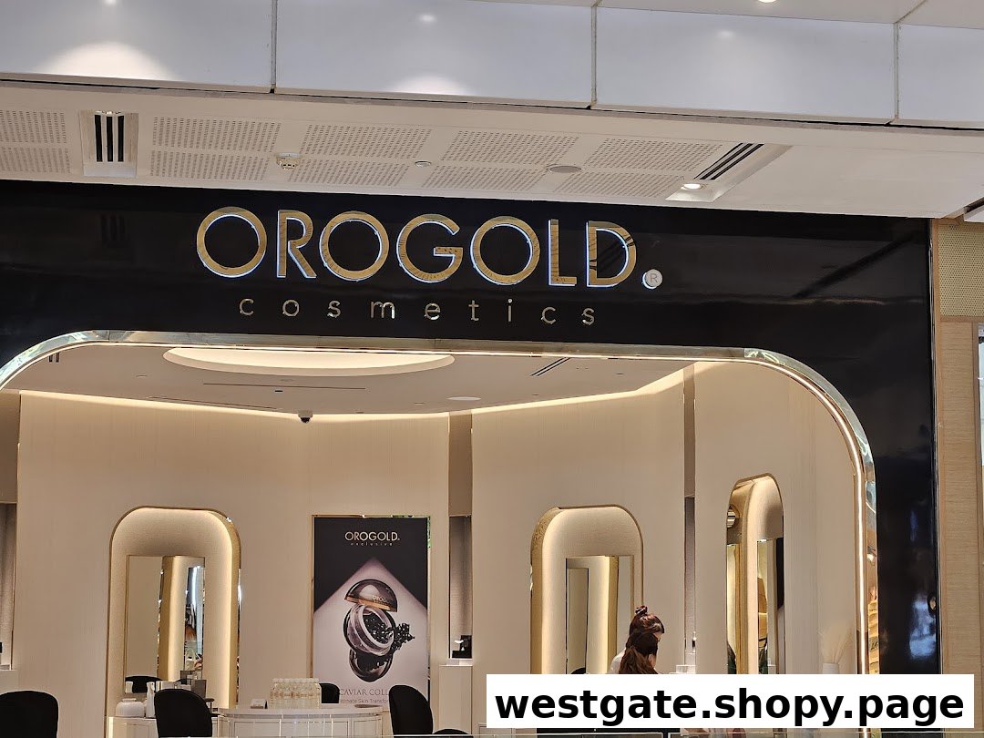 The OROGOLD Cosmetics shop front features a sleek black and gold sign and a luxurious interior.