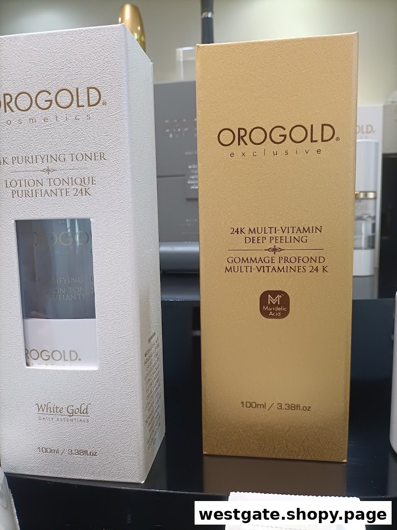 Two OROGOLD cosmetic product boxes, a 24K Purifying Toner and a 24K Multi-Vitamin Deep Peeling.