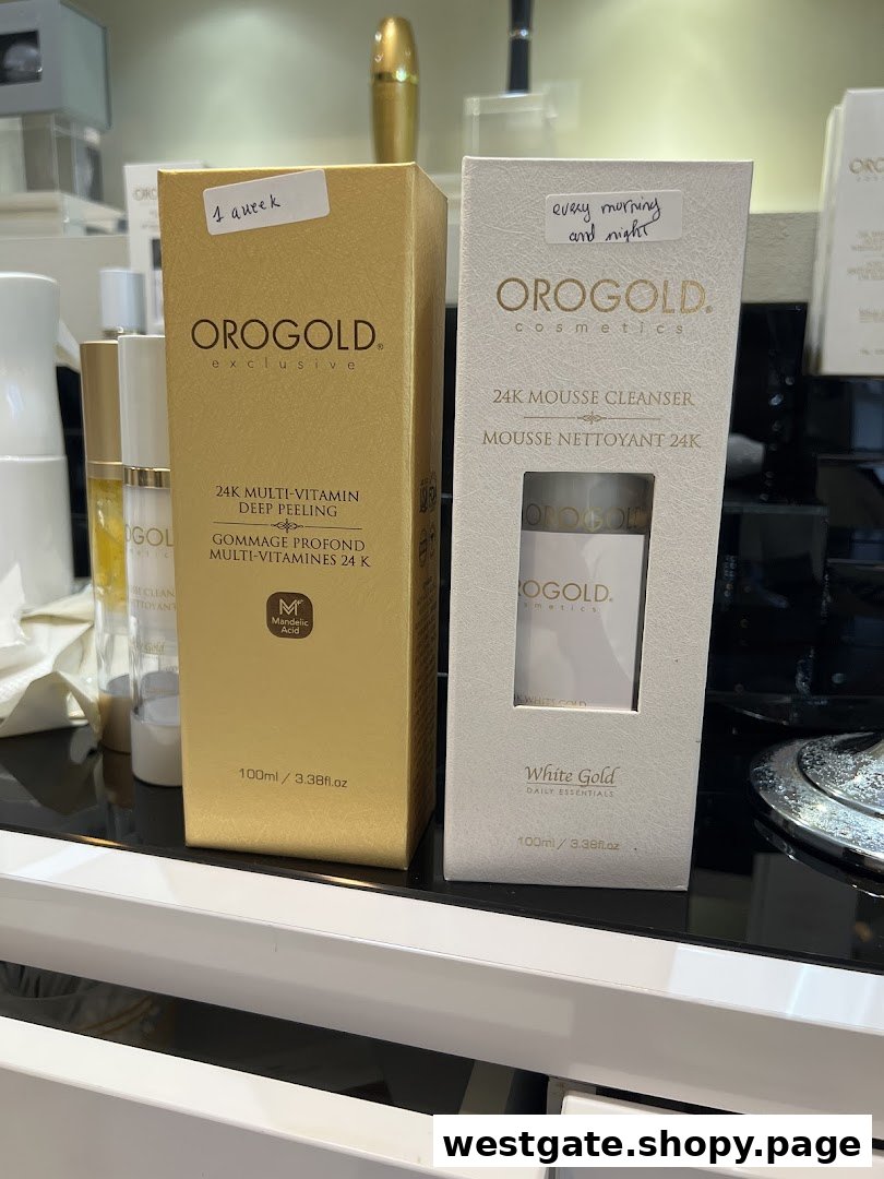 Two OROGOLD cosmetic product boxes, a deep peeling and a mousse cleanser, are displayed.