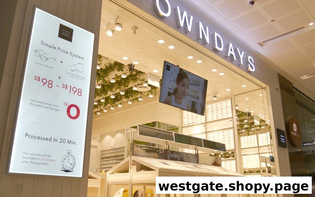 A bright OWNDAYS shop entrance featuring a prominent sign detailing their simple eyewear pricing system and quick processing.