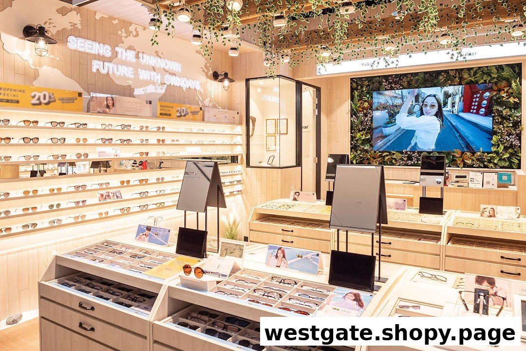 Bright, modern interior of OWNDAYS eyewear store showcasing a wide selection of glasses and sunglasses.