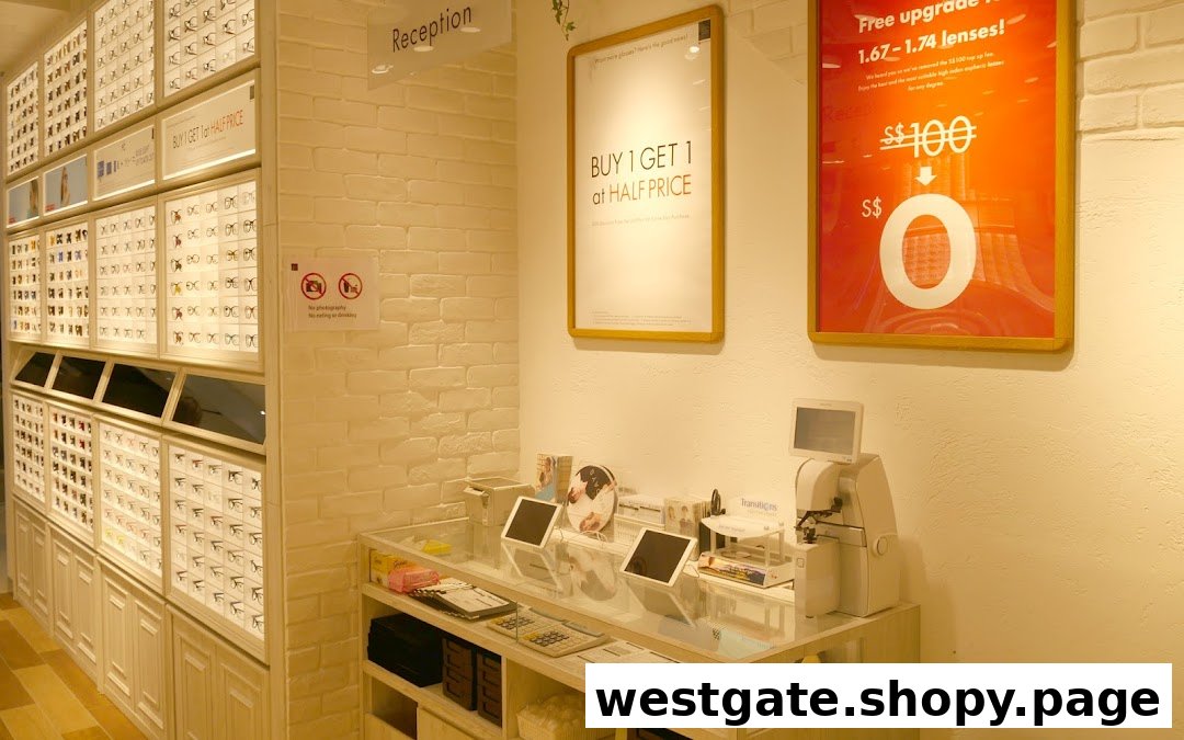 Interior view of OWNDAYS eyewear shop, showcasing glasses displays, reception counter, and promotional offers.