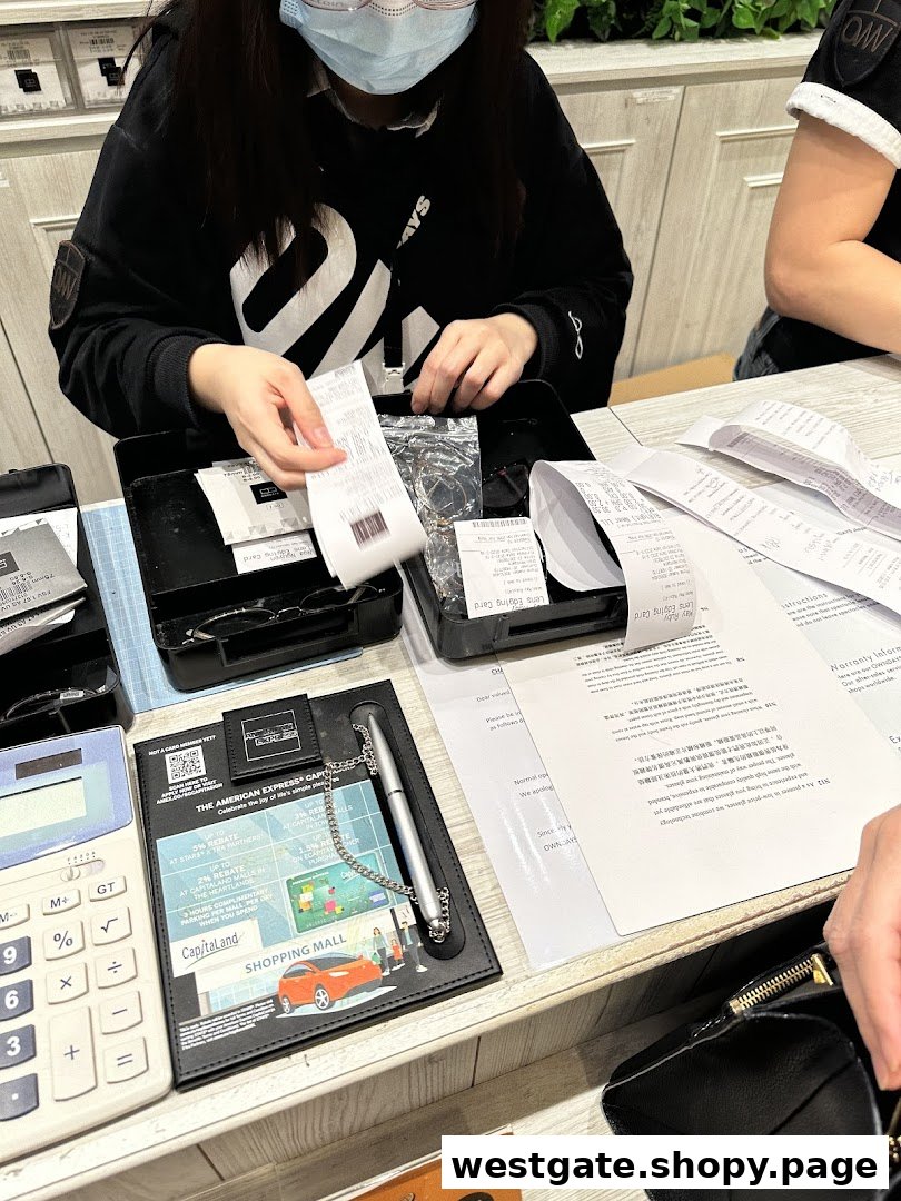 A customer completes a purchase at the OWNDAYS counter, handling receipts and eyewear.