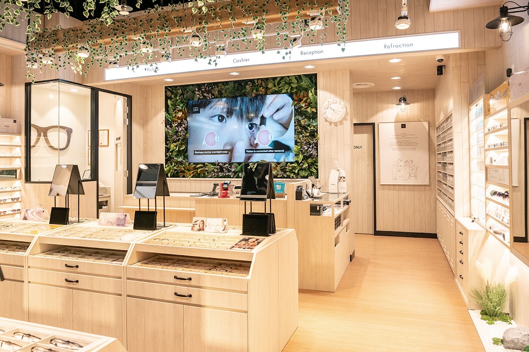 Bright, modern optical shop interior with eyewear displays, a large screen, and natural decor elements.