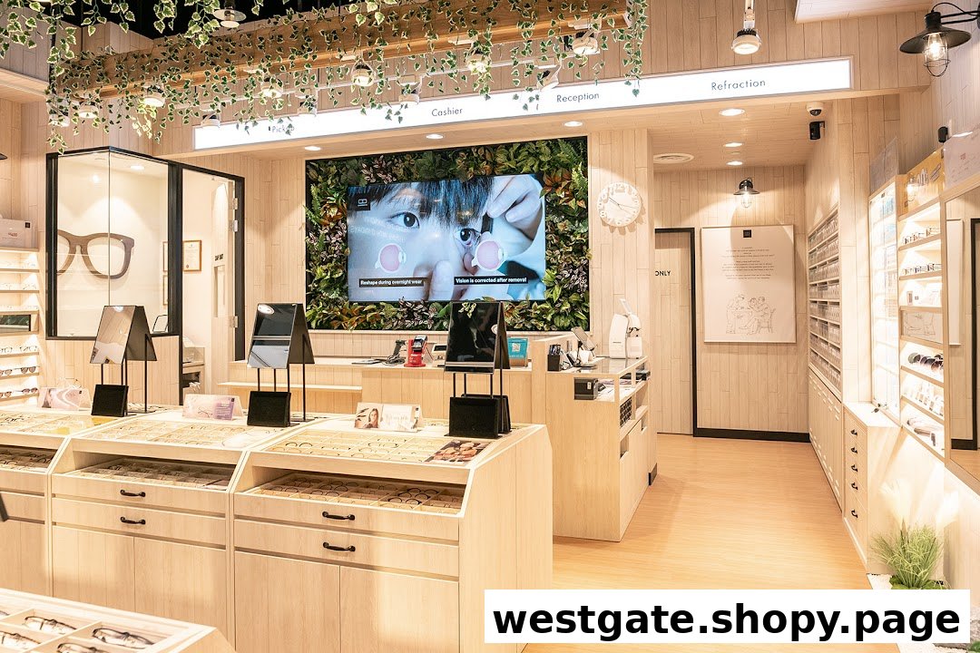 Bright, modern optical shop interior with eyewear displays, a large screen, and natural decor elements.