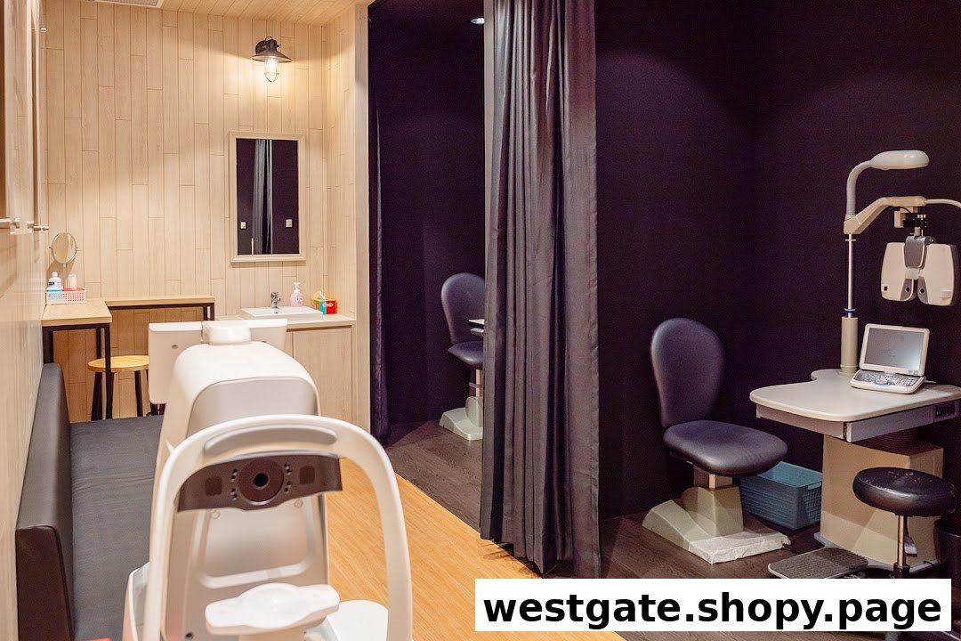 Interior view of an optical shop featuring modern eye examination equipment and a comfortable waiting area.