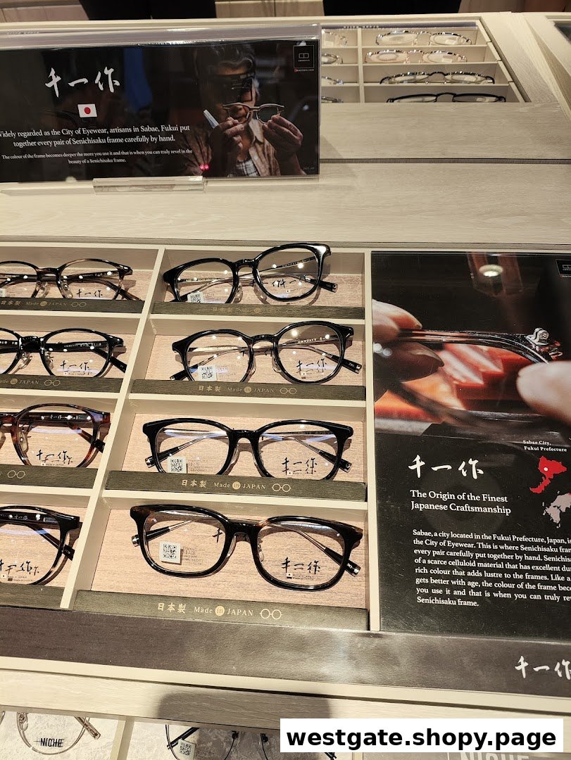 A close-up view of premium eyeglasses displayed in an OWNDAYS store, highlighting Japanese craftsmanship.