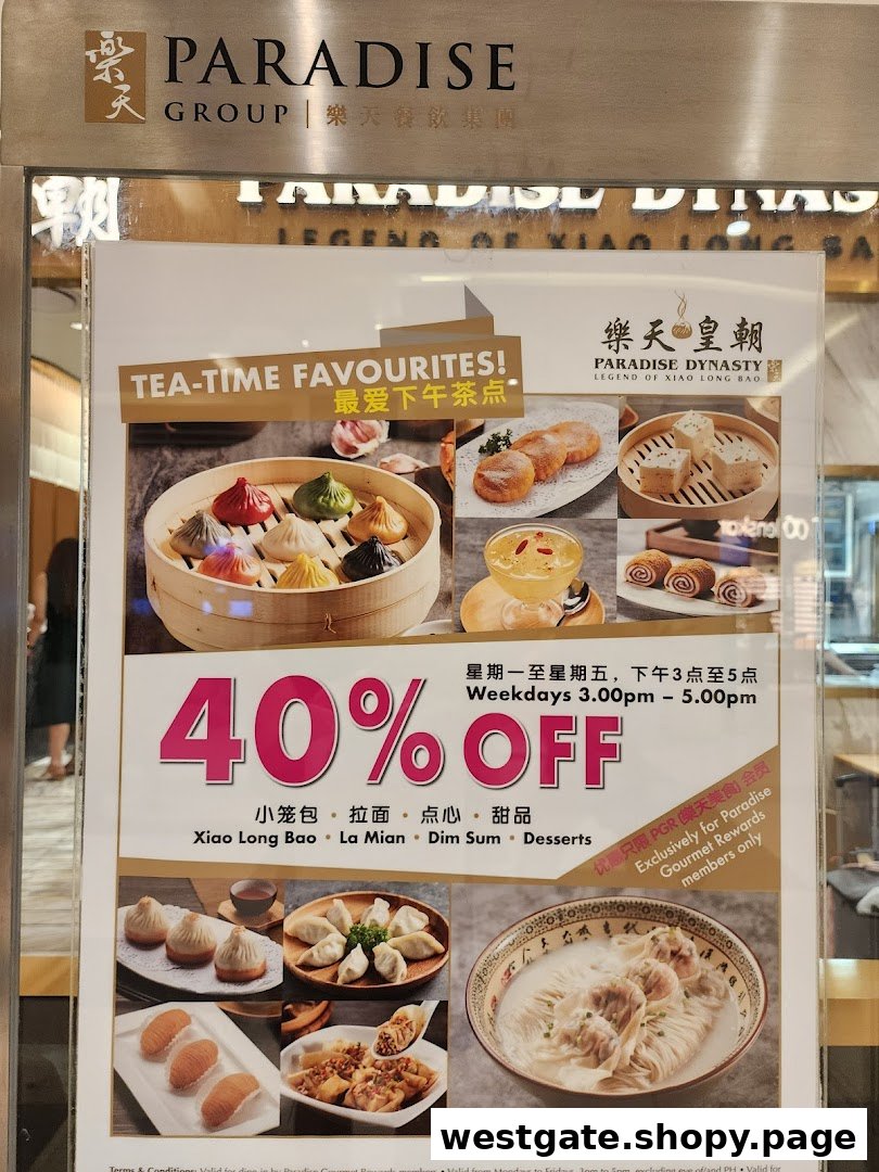 A promotional poster for Paradise Dynasty's tea-time favourites, offering 40% off for members.
