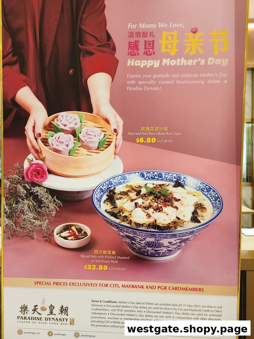 A promotional poster for Paradise Dynasty's Mother's Day special dishes, featuring rose buns and Szechuan fish.