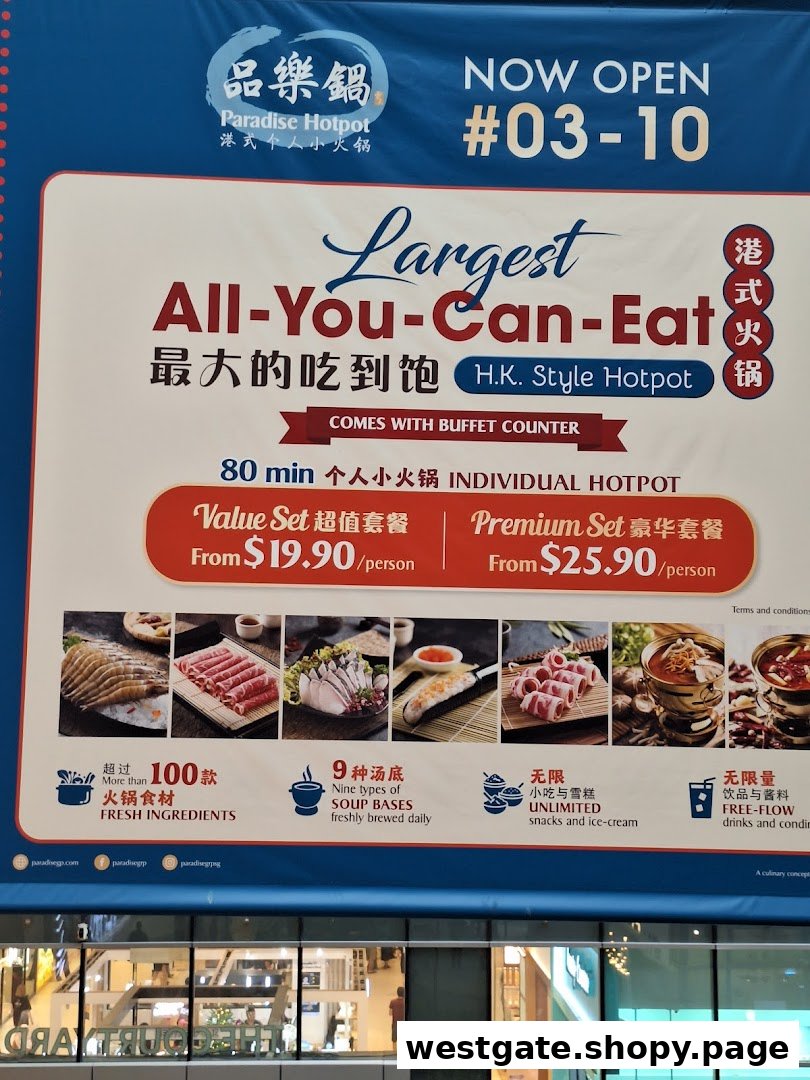 A promotional banner for Paradise Hotpot, detailing an all-you-can-eat hotpot buffet with prices and features.