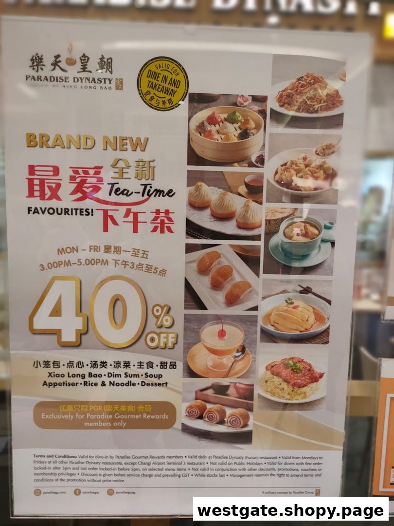 A promotional poster for Paradise Dynasty's new tea-time offer, featuring a 40% discount on selected dishes.