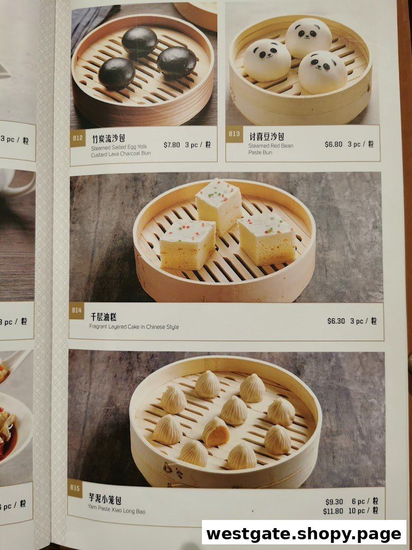 A menu page displaying various dim sum and dessert items with their prices and images.