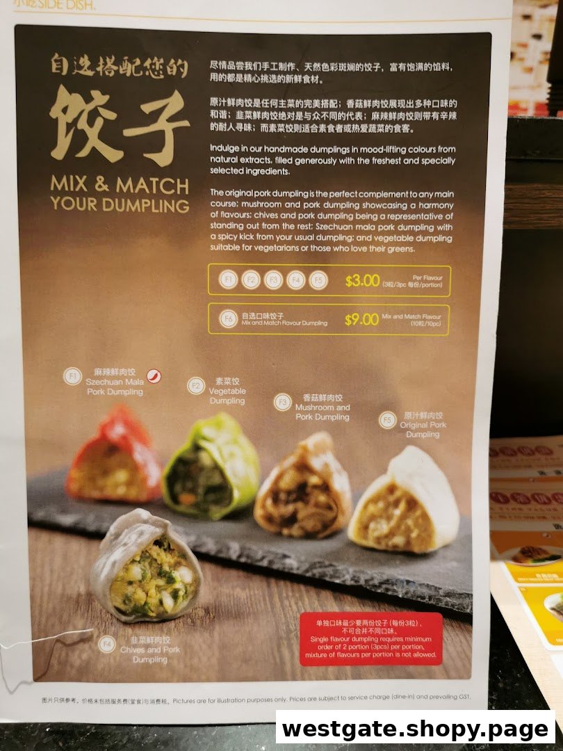 A menu displaying various handmade dumpling flavors and pricing options.