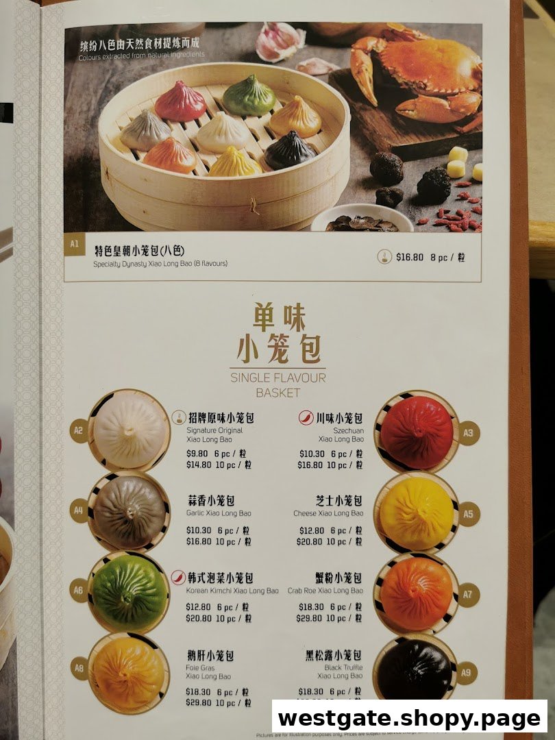 A vibrant menu page showcasing various flavored Xiao Long Bao dumplings from Paradise Dynasty.