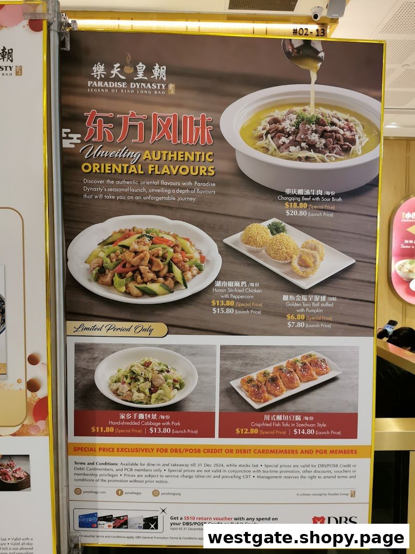 A promotional menu board for Paradise Dynasty showcasing new 'Authentic Oriental Flavours' dishes.