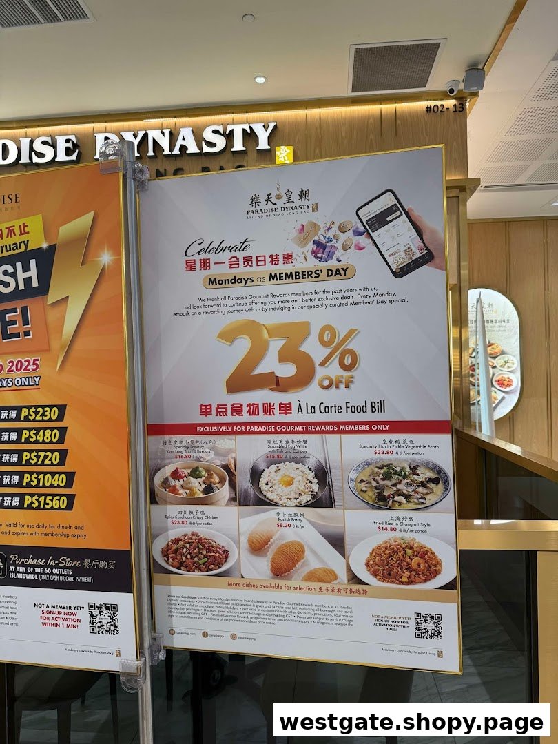 A promotional display board for Paradise Dynasty, highlighting Members' Day discounts and featured dishes.