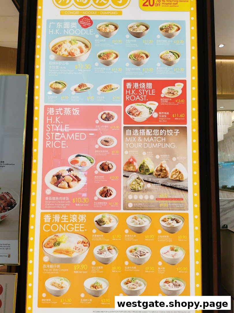 A vibrant menu board showcasing a variety of Hong Kong-style noodles, roasted meats, steamed rice, dumplings, and congee.