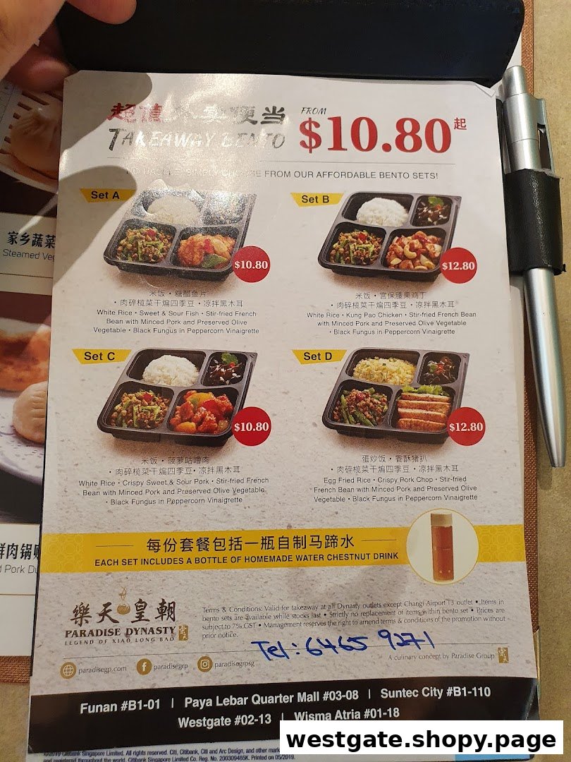 A menu displaying Paradise Dynasty's takeaway bento sets with prices and descriptions.