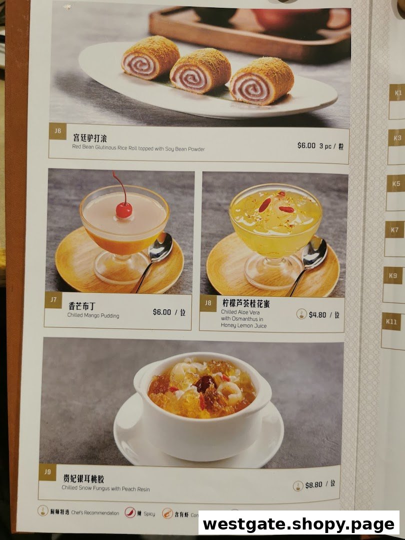 A menu page showcasing a variety of delightful Chinese desserts with prices and descriptions.