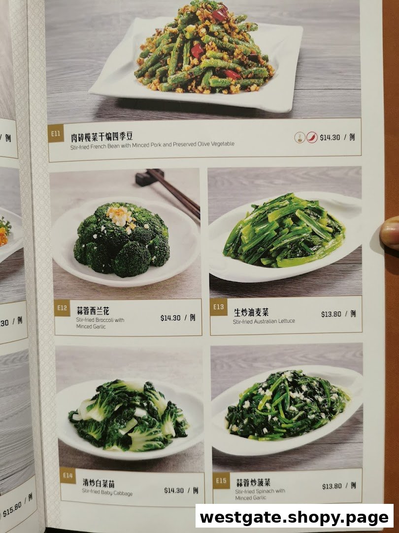 A menu page displaying various stir-fried vegetable dishes with prices and descriptions.