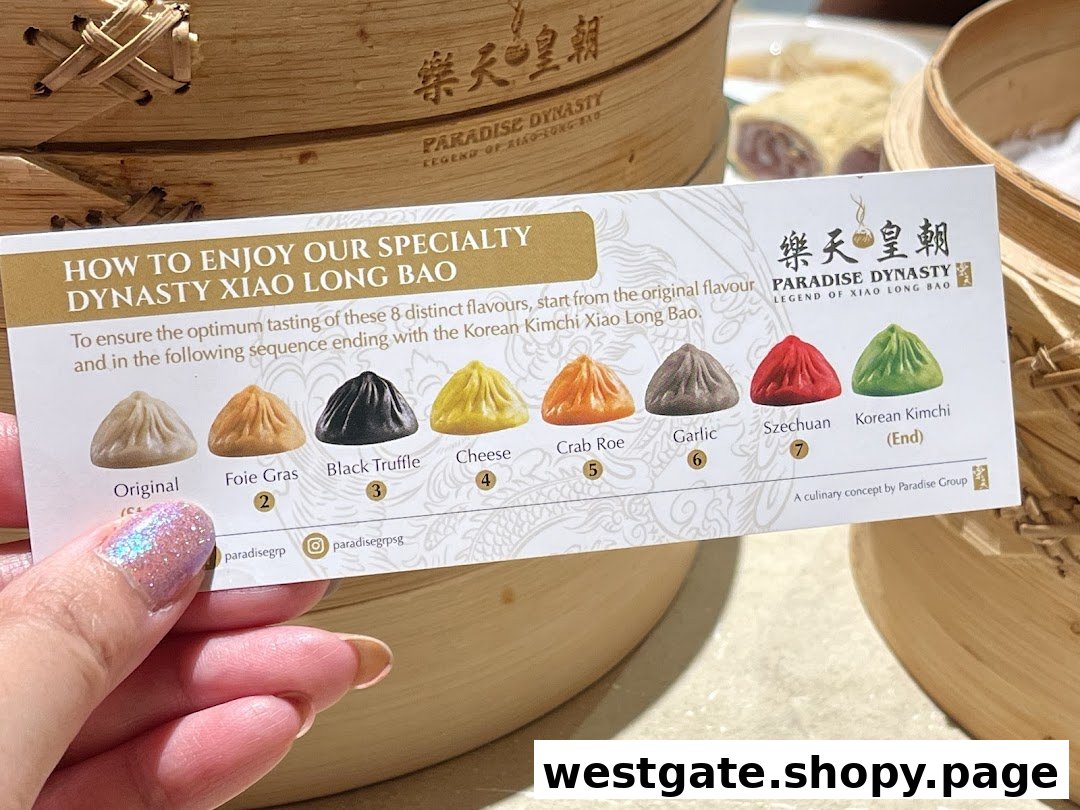 A card detailing 8 distinct flavors of Dynasty Xiao Long Bao with tasting instructions.