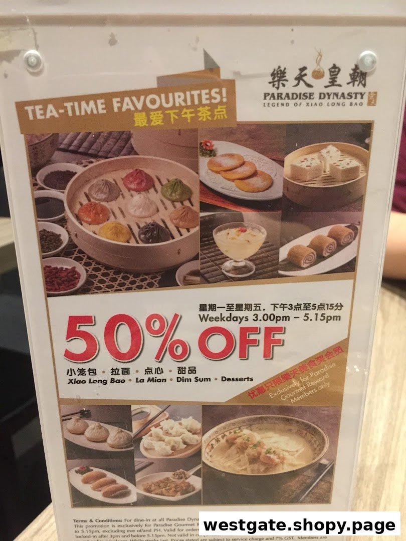 A promotional poster for Paradise Dynasty's 'Tea-Time Favourites' offering 50% off selected items.