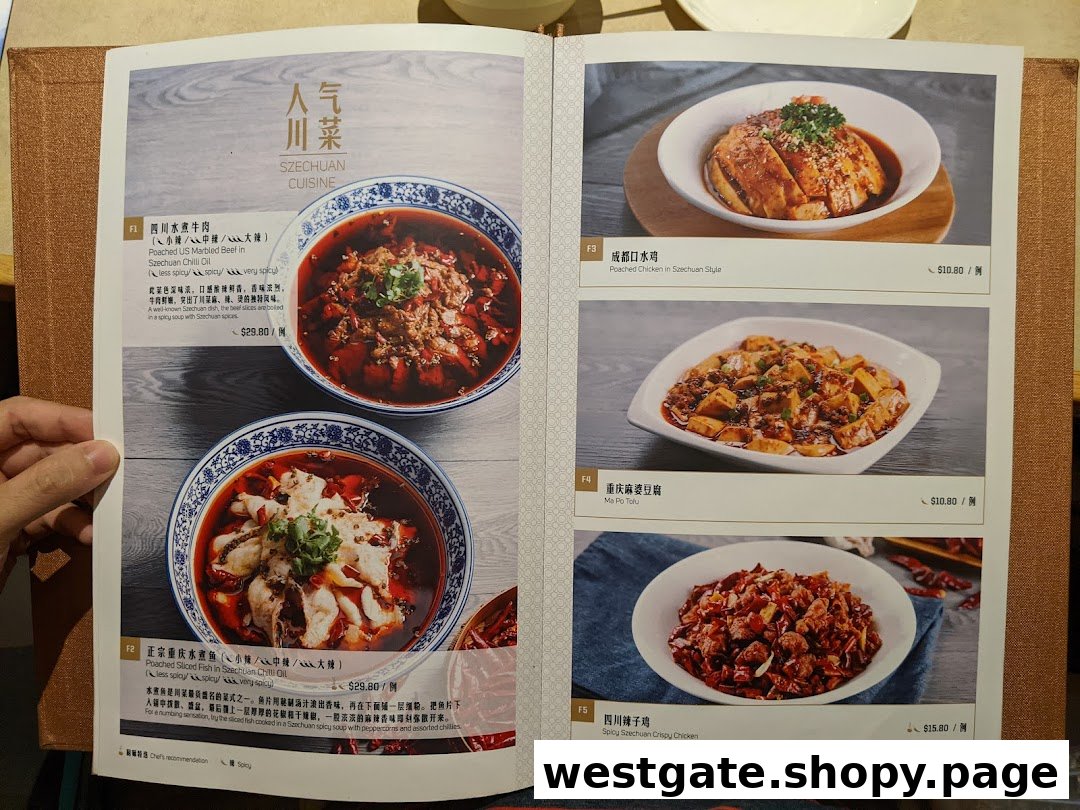 A two-page menu spread showcasing various Szechuan cuisine dishes with images and prices.