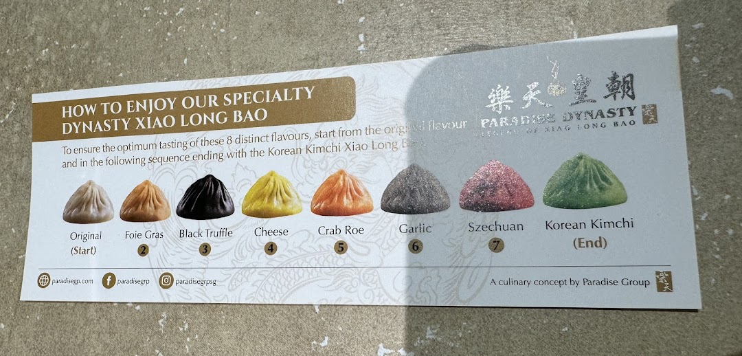 A guide showcasing 8 distinct Xiao Long Bao flavors from Paradise Dynasty, with tasting instructions.