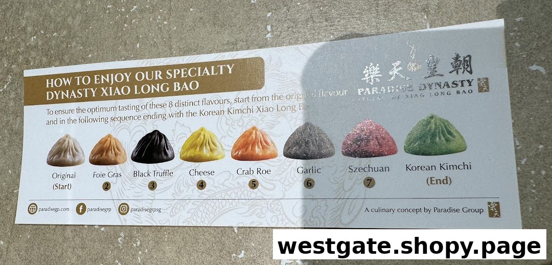A guide showcasing 8 distinct Xiao Long Bao flavors from Paradise Dynasty, with tasting instructions.
