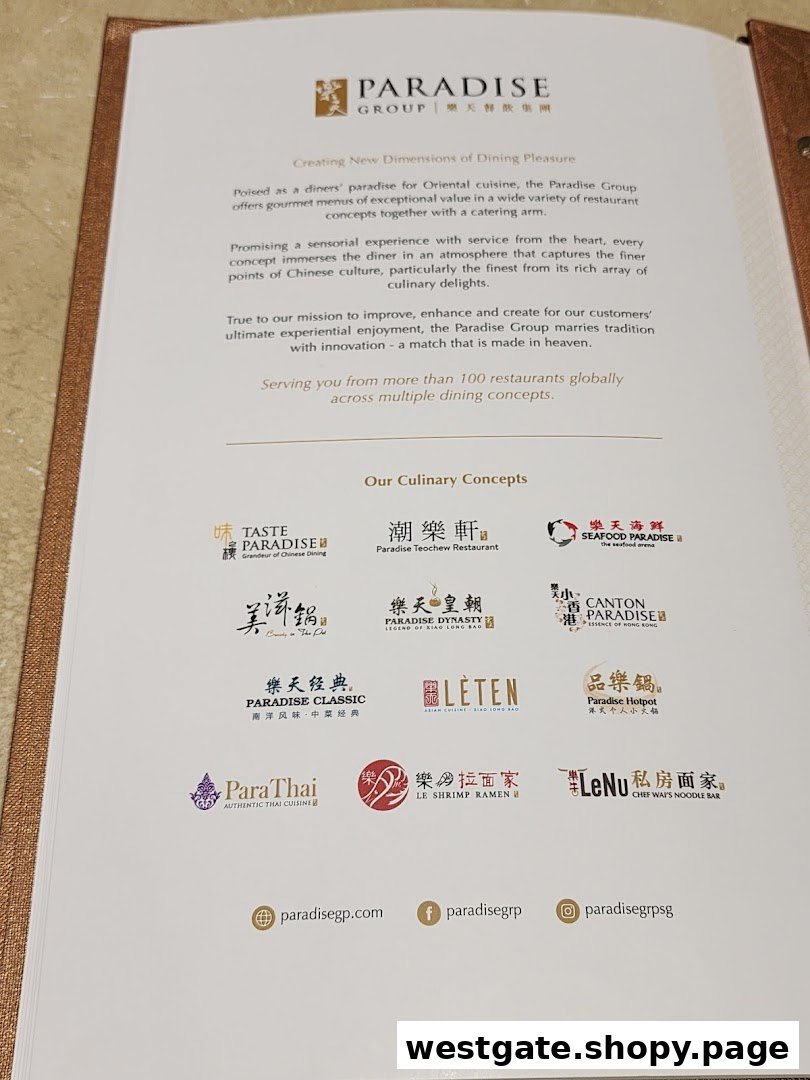An introductory page from Paradise Group's menu, showcasing their diverse culinary concepts and brand philosophy.