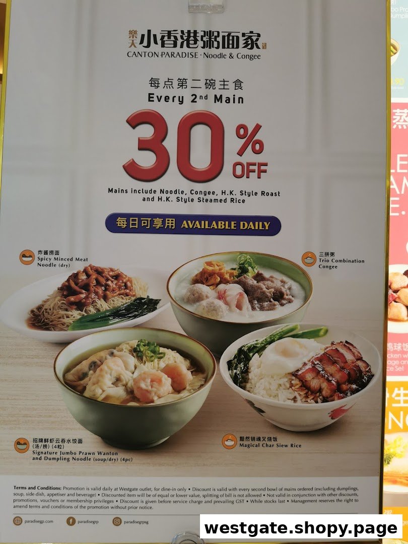 A promotional poster for Canton Paradise featuring a 30% off offer on mains and images of popular dishes.