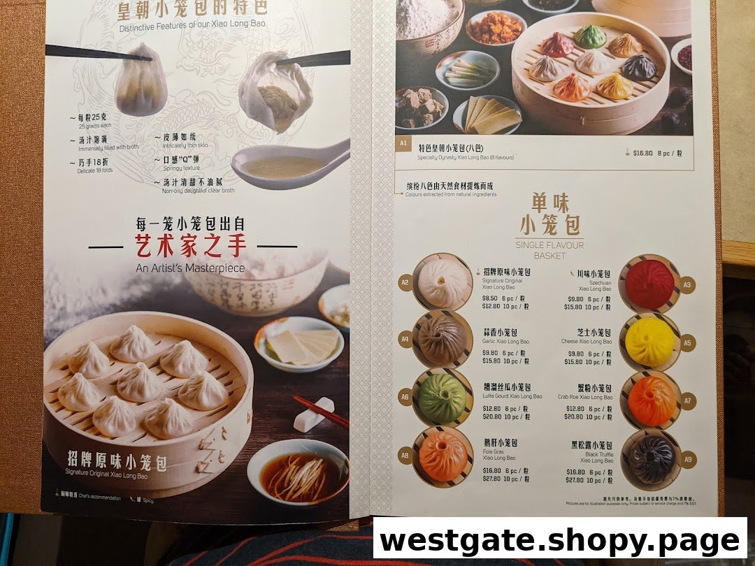 A menu page showcasing various types of Xiao Long Bao, including an 8-flavour specialty and single-flavour options.