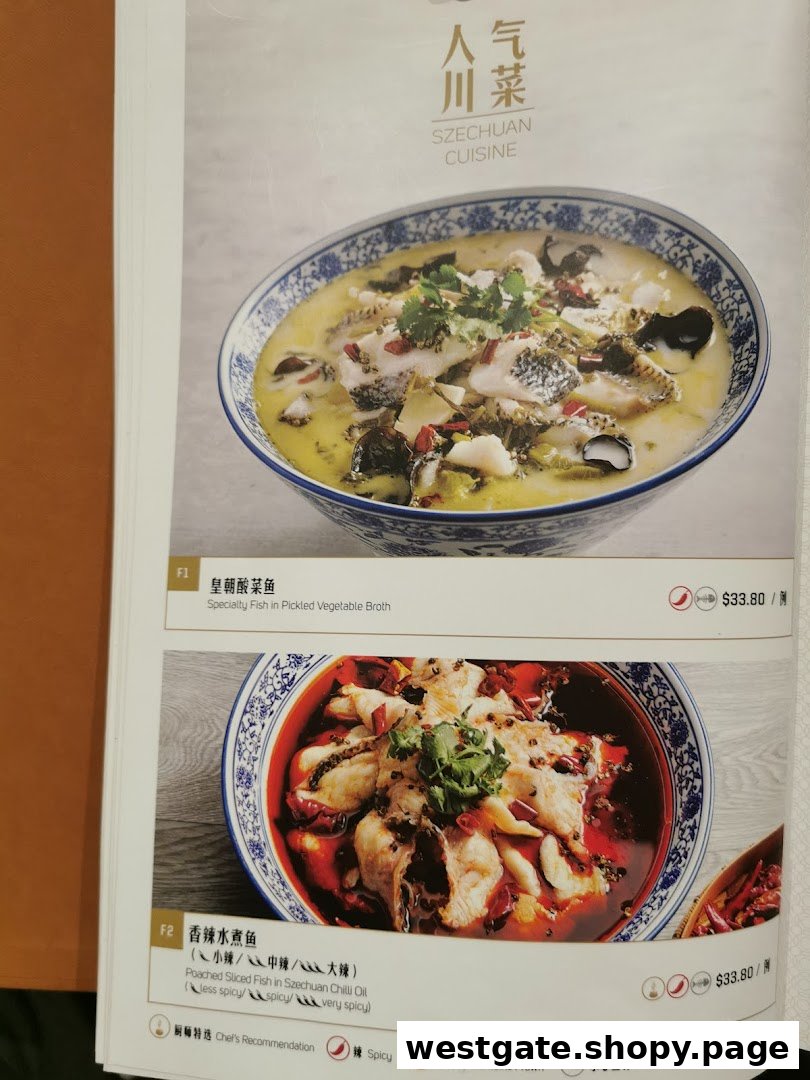 A menu page showcasing two Szechuan fish dishes with descriptions and prices.