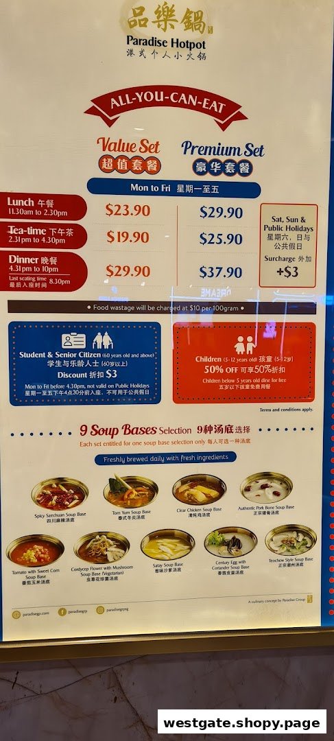 A detailed menu board for Paradise Hotpot, showcasing all-you-can-eat pricing and soup base selections.