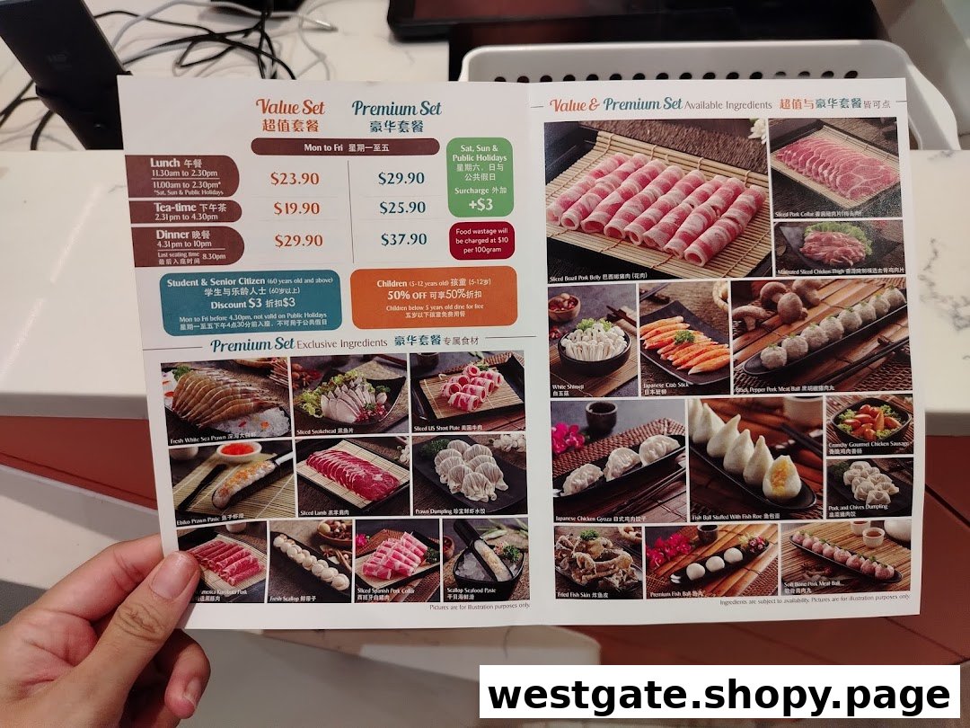 A detailed menu displaying hotpot set prices, available ingredients, and special offers.