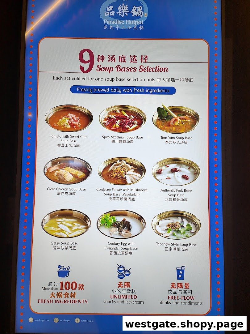 A menu board showcasing 9 hotpot soup base options and unlimited offerings at Paradise Hotpot.
