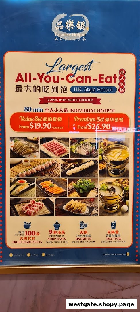 A promotional board for Paradise Hotpot, detailing their all-you-can-eat Hong Kong style hotpot sets and offerings.