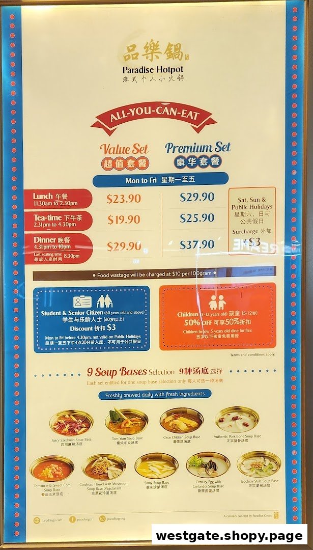 A detailed menu board for Paradise Hotpot, showcasing all-you-can-eat pricing, soup bases, and special offers.