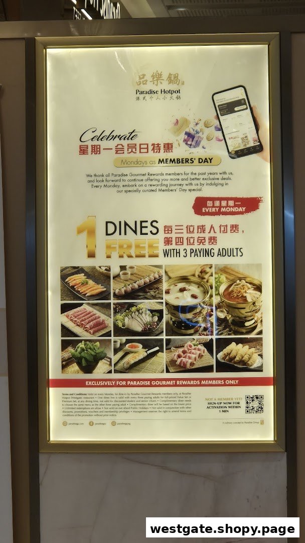 A promotional poster for Paradise Hotpot's 'Members' Day' offer, featuring hotpot ingredients and a '1-for-3' deal.