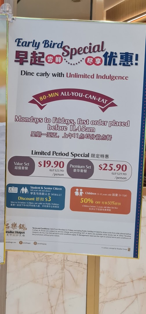 A promotional sign for Paradise Hotpot's Early Bird All-You-Can-Eat special with pricing and discounts.