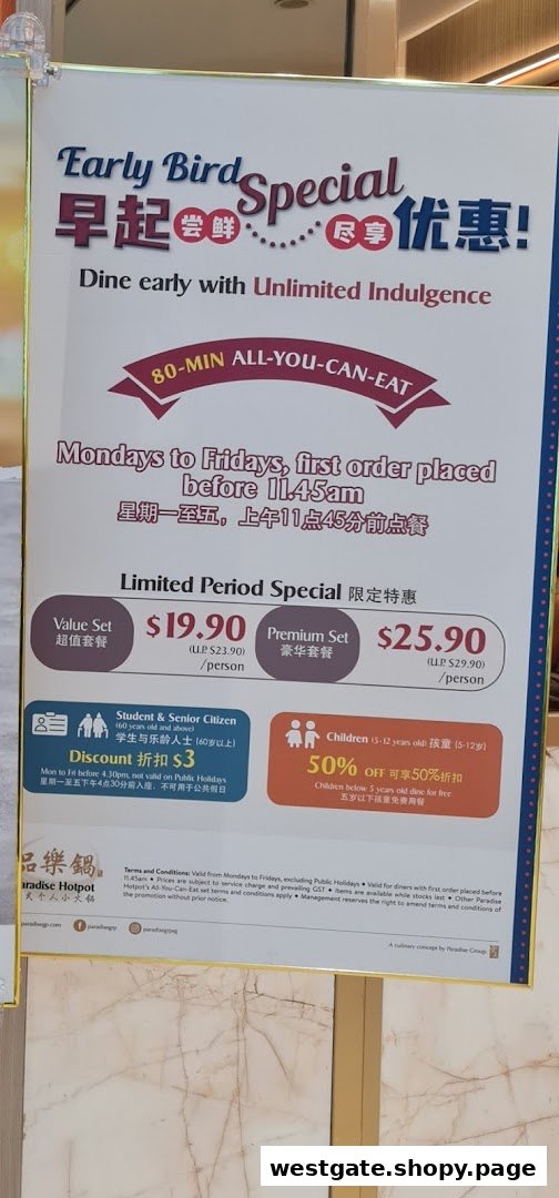 A promotional sign for Paradise Hotpot's Early Bird All-You-Can-Eat special with pricing and discounts.