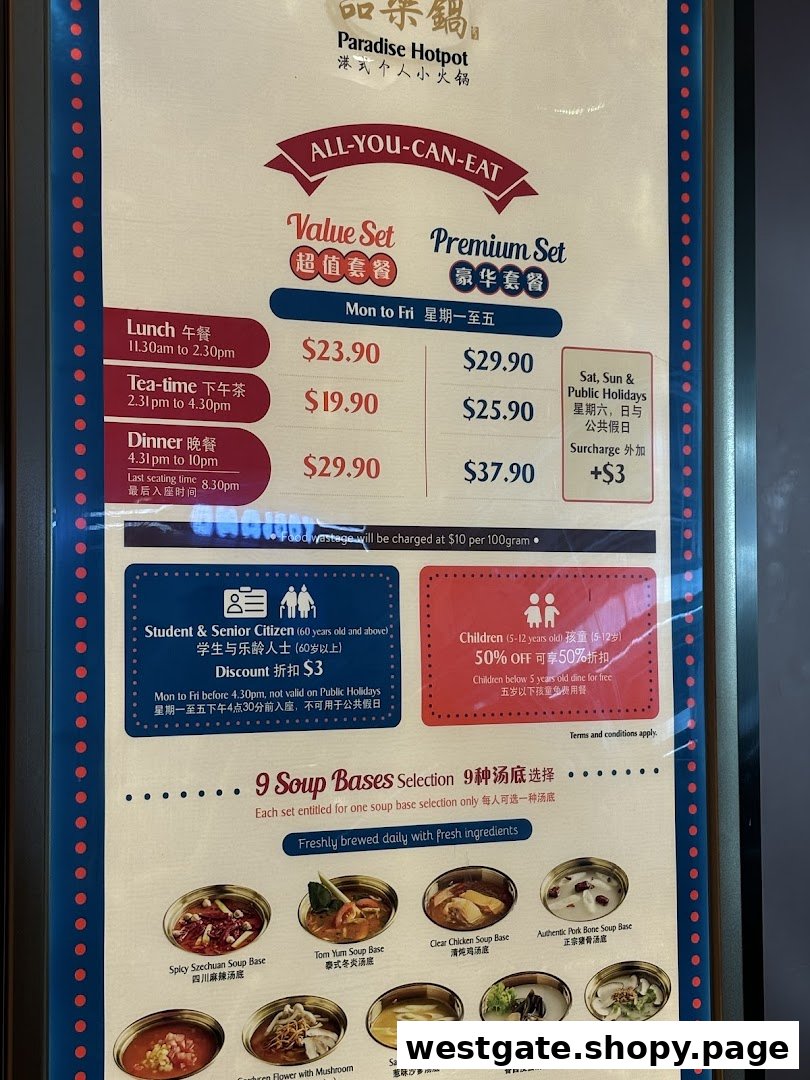 A detailed menu board for Paradise Hotpot, showcasing all-you-can-eat pricing, discounts, and soup base options.