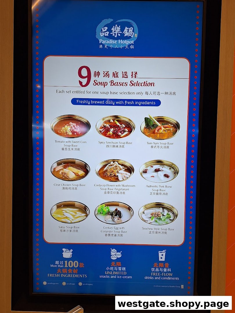 A digital menu board displaying 9 hotpot soup bases and other offerings from Paradise Hotpot.