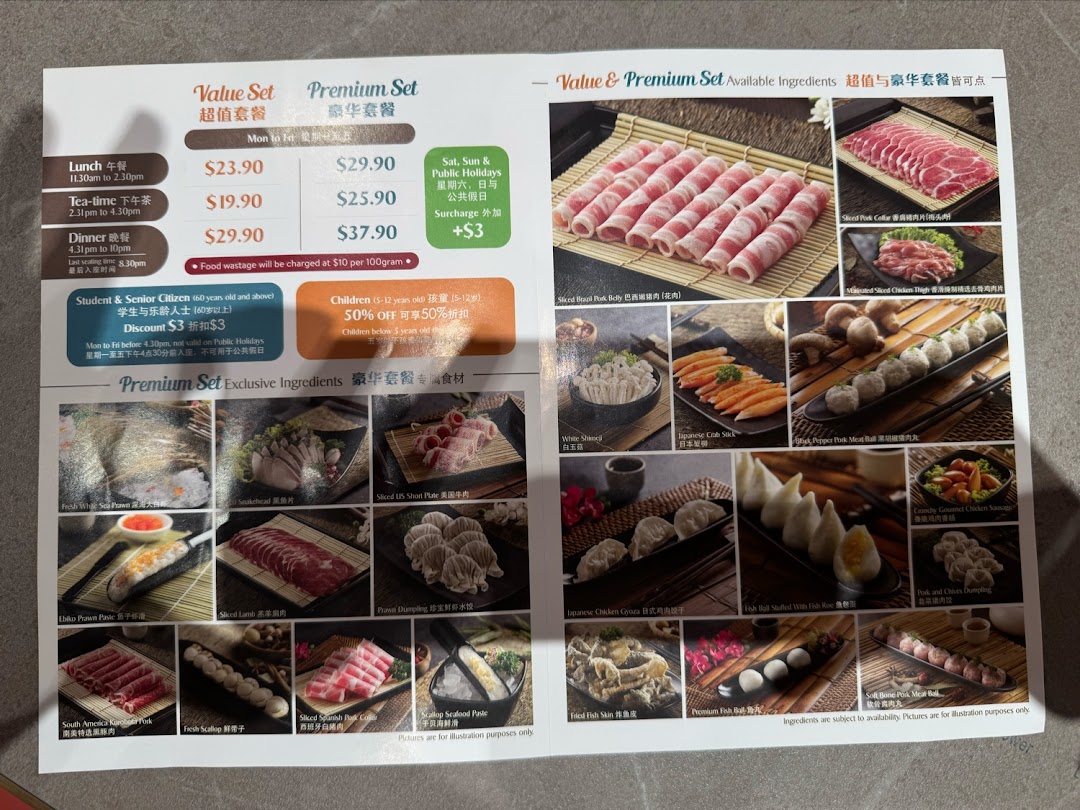 A detailed hotpot menu displaying set prices, meal timings, and a wide variety of ingredients.