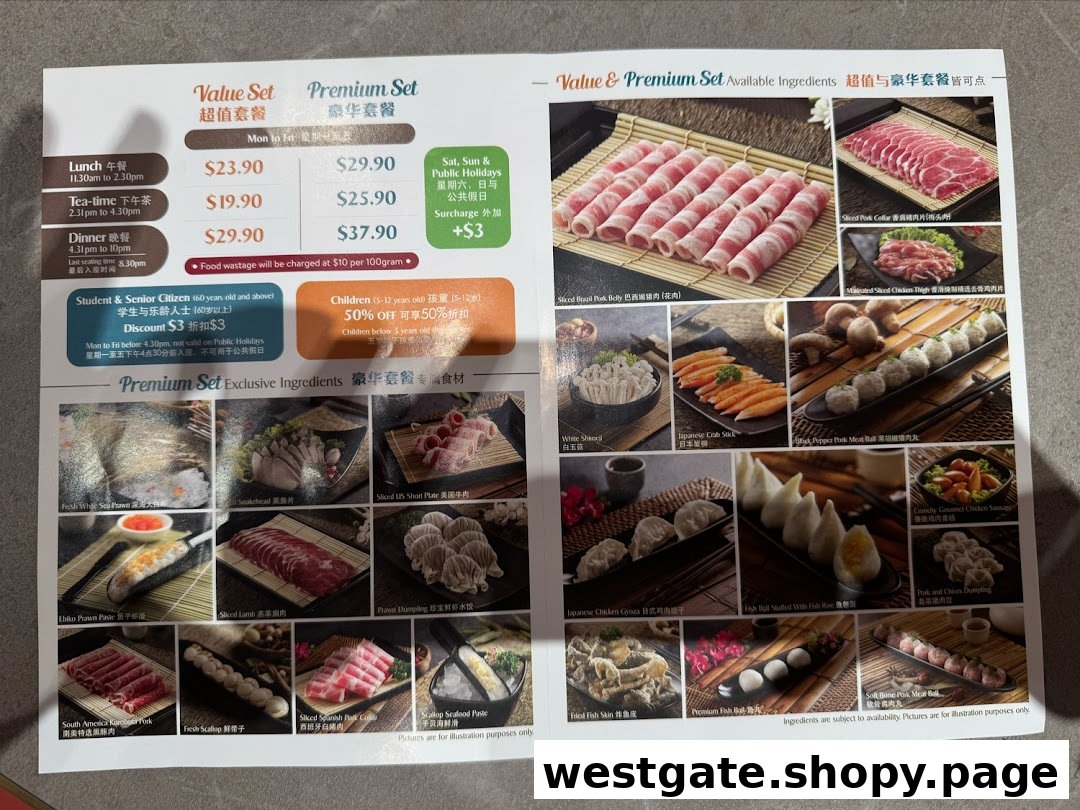 A detailed hotpot menu displaying set prices, meal timings, and a wide variety of ingredients.