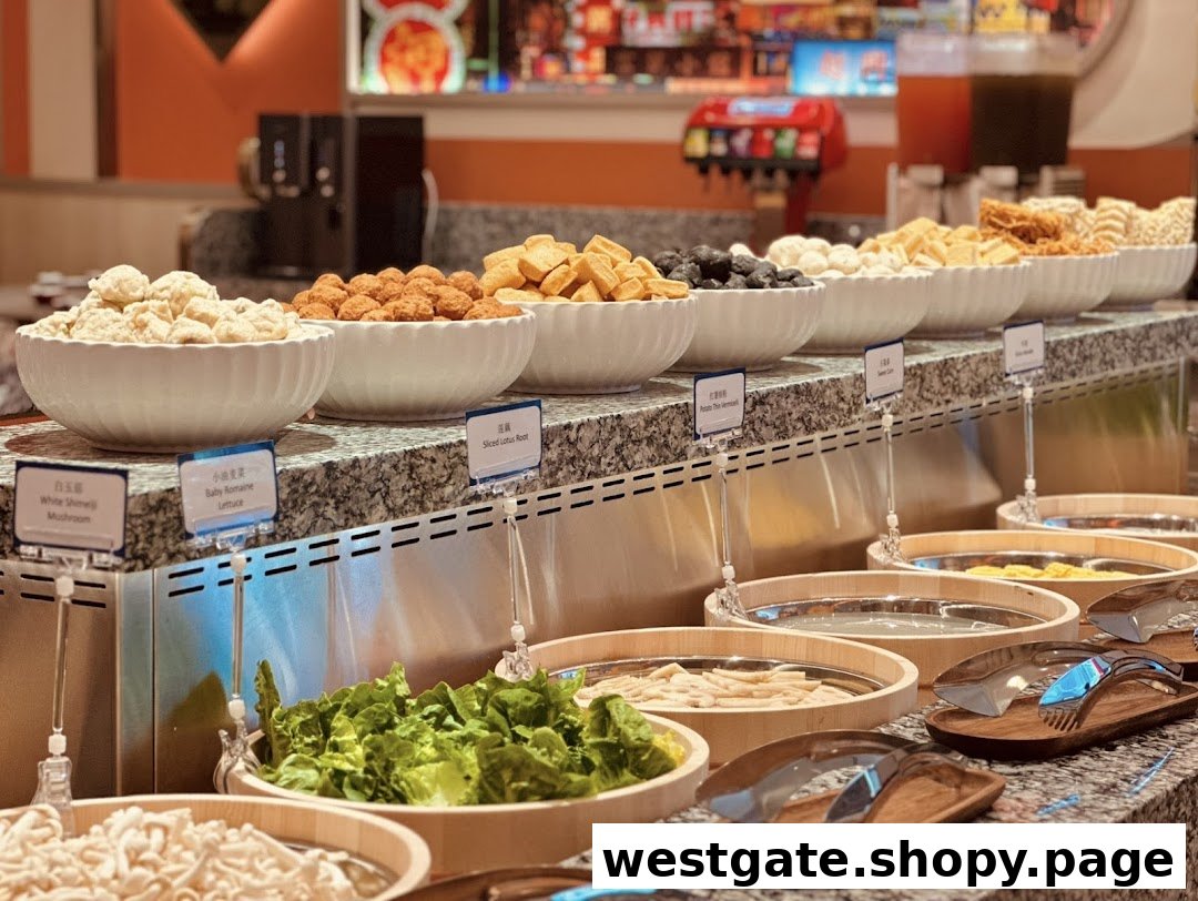 A vibrant hotpot buffet bar showcasing a wide array of fresh ingredients for a customizable dining experience.
