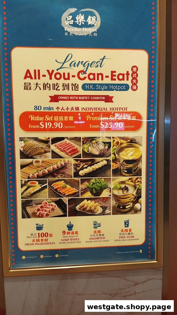 A promotional poster for Paradise Hotpot, detailing their all-you-can-eat H.K. style hotpot sets and prices.