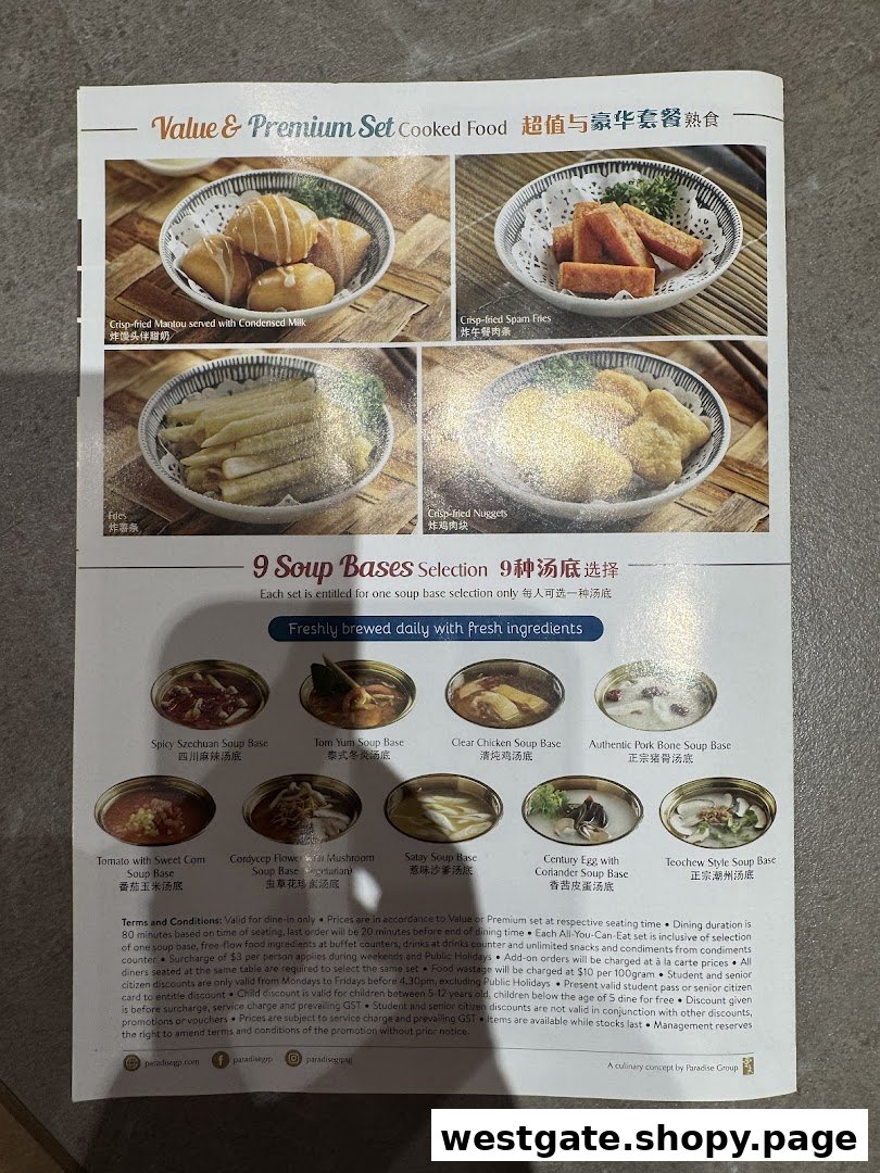 A detailed menu showcasing cooked food items and nine hotpot soup bases from Paradise Hotpot.