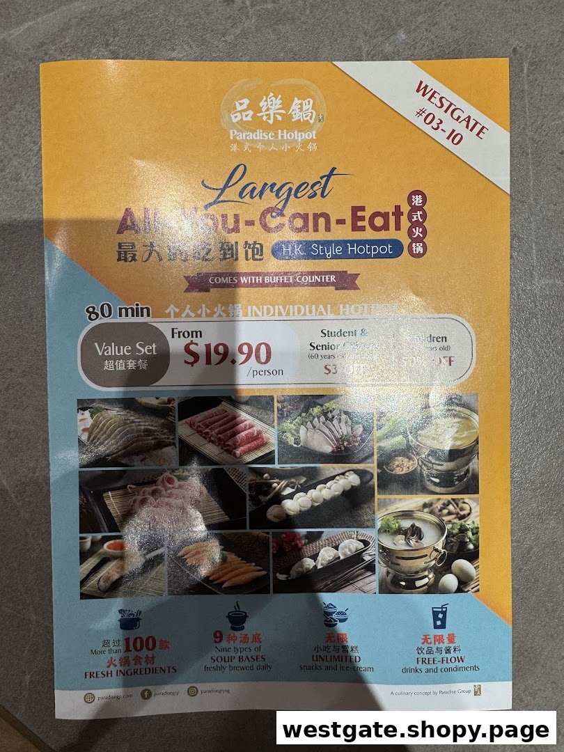 A promotional flyer for Paradise Hotpot's all-you-can-eat Hong Kong style hotpot buffet.