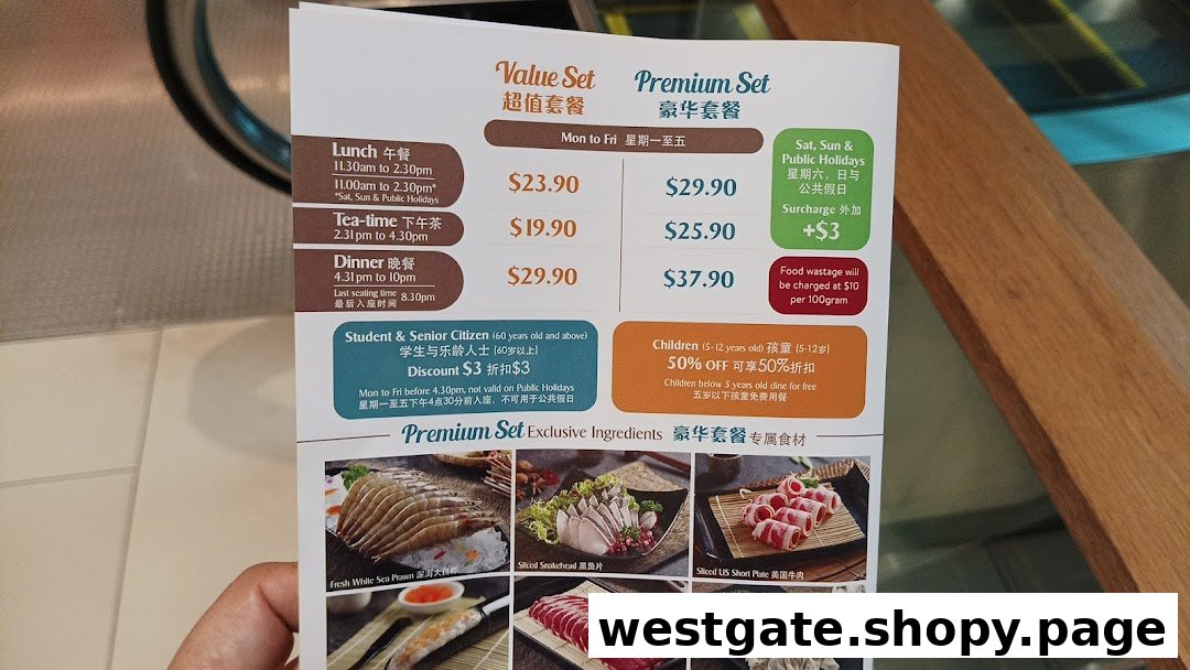 A detailed menu displaying pricing for Value and Premium hotpot sets across different meal times and days.